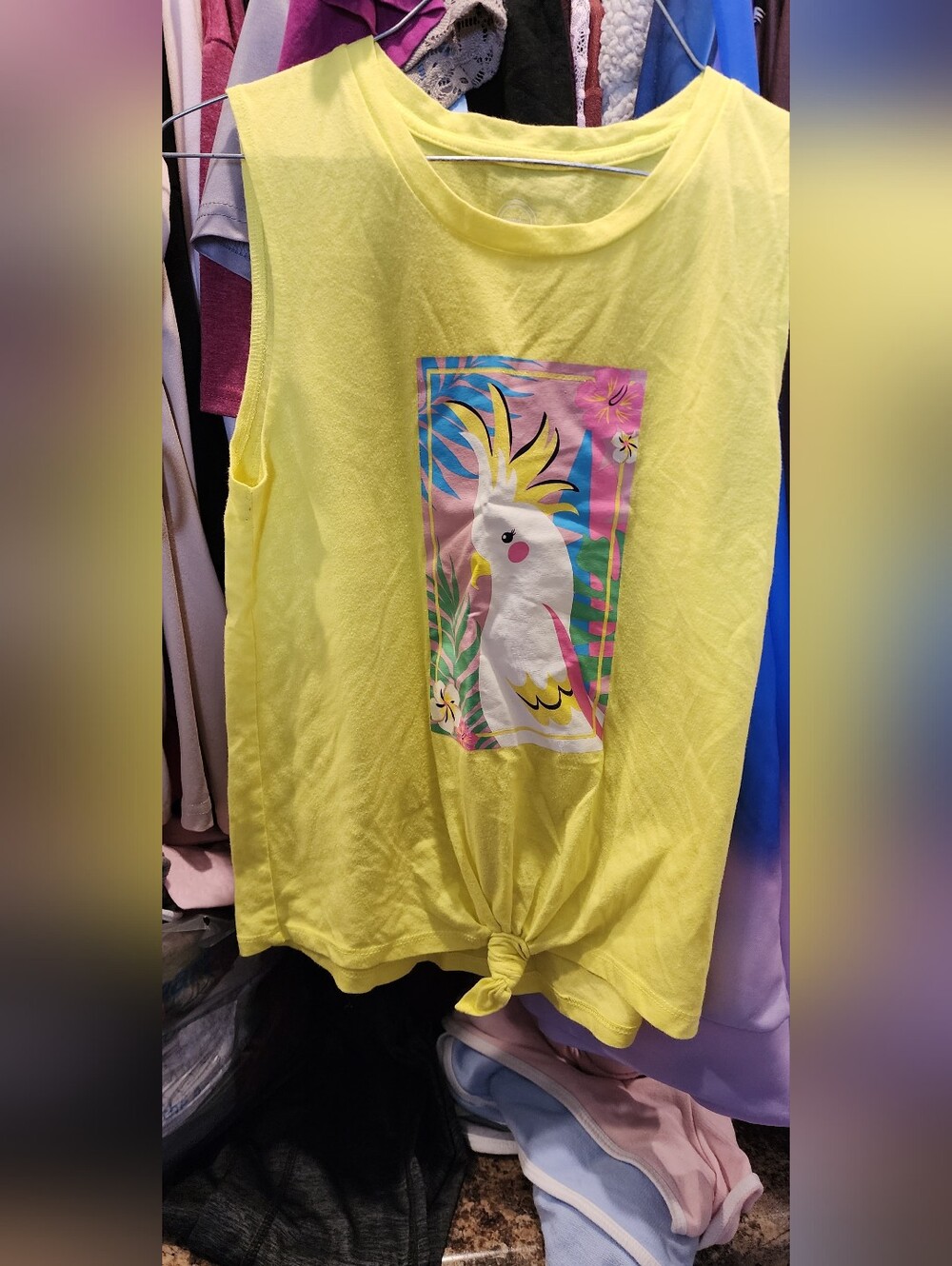 wonder nation Yellow Tank Top with Colorful Cockatoo Graphic